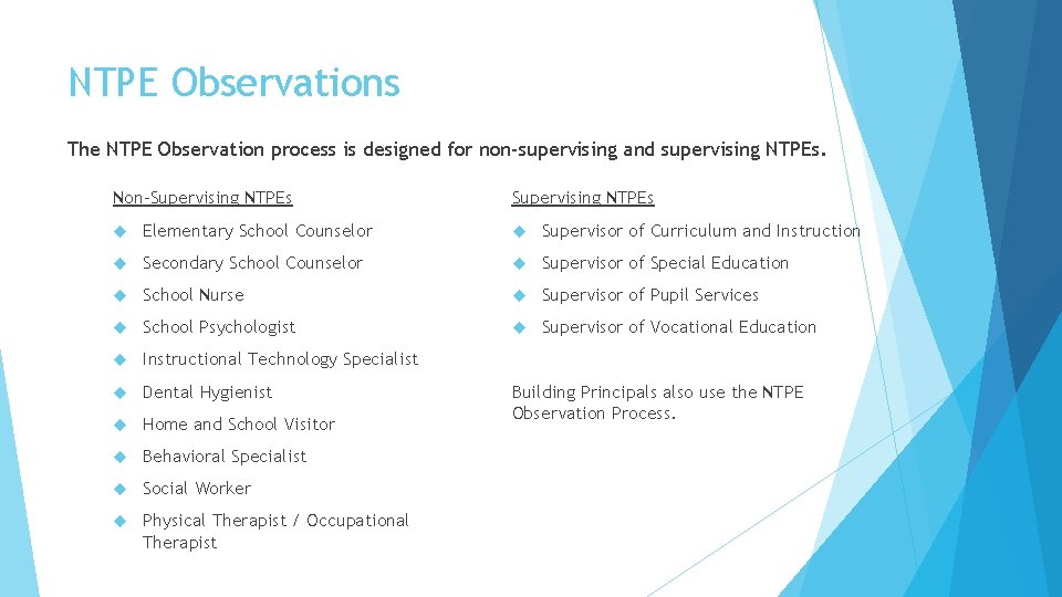 NTPE Observations The NTPE Observation process is designed for non-supervising and supervising NTPEs. Non-Supervising