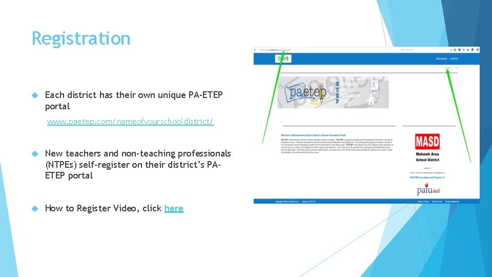Registration Each district has their own unique PA-ETEP portal www. paetep. com/nameofyourschooldistrict/ New teachers