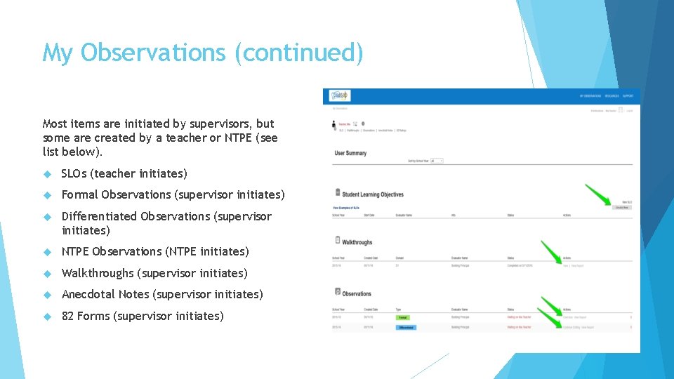 My Observations (continued) Most items are initiated by supervisors, but some are created by