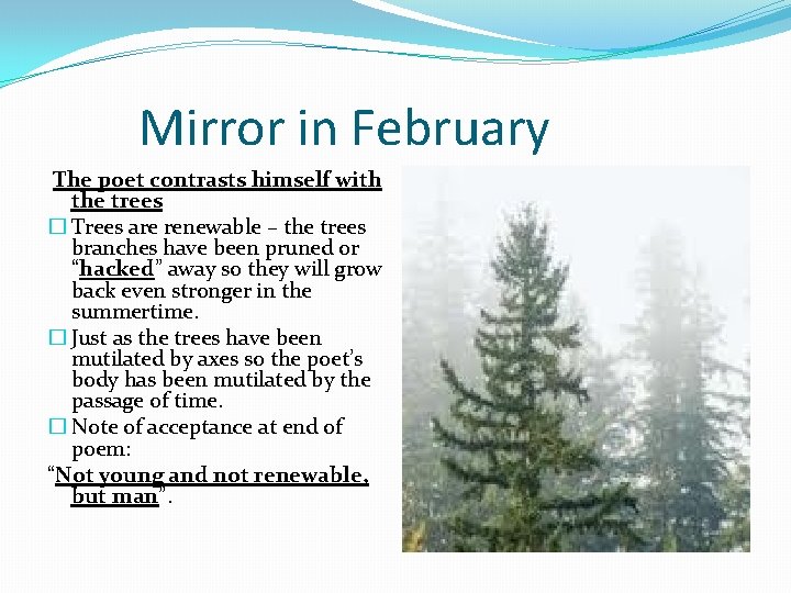 Mirror in February The poet contrasts himself with the trees � Trees are renewable