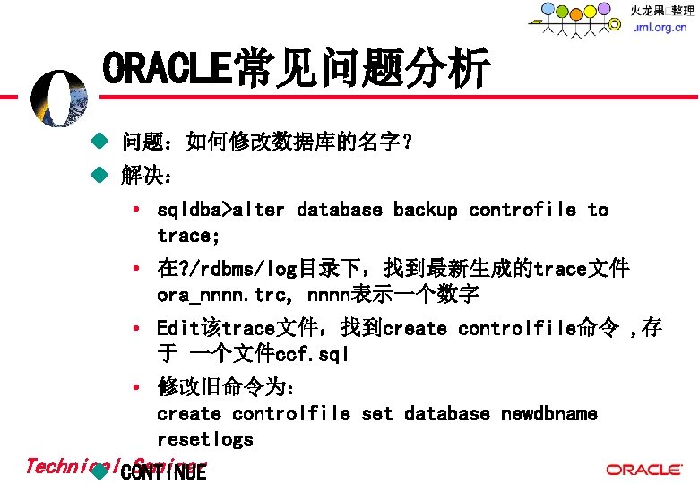 ORACLE常见问题分析 u 问题:如何修改数据库的名字? u 解决: • sqldba>alter database backup controfile to trace; • 在? ORACLE常见问题分析 u 问题:如何修改数据库的名字? u 解决: • sqldba>alter database backup controfile to trace; • 在?