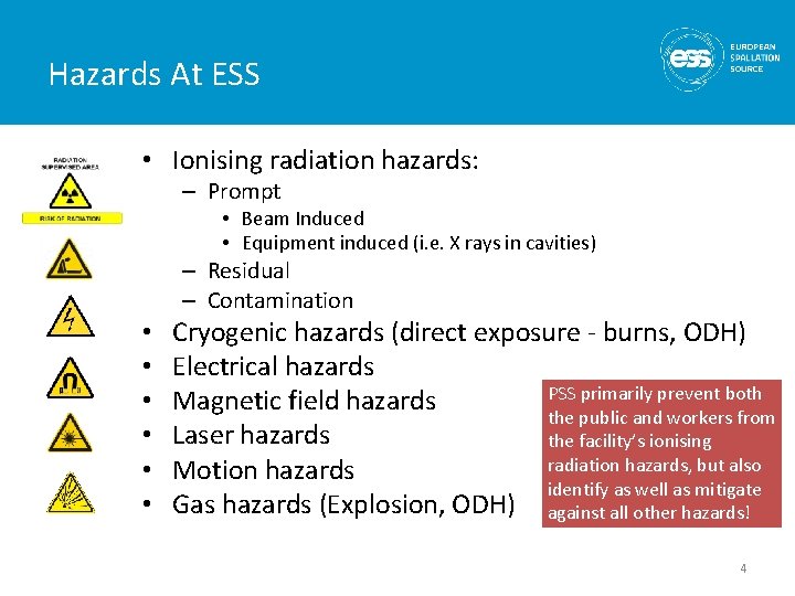 Hazards At ESS • Ionising radiation hazards: – Prompt • Beam Induced • Equipment Hazards At ESS • Ionising radiation hazards: – Prompt • Beam Induced • Equipment