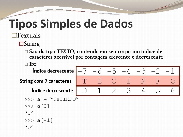 Tipos Simples de Dados �Textuais �String � São do tipo TEXTO, contendo em seu