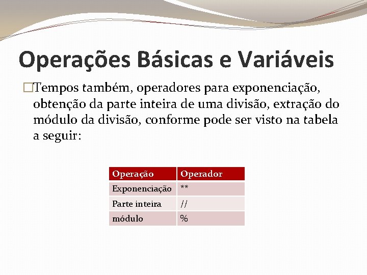 Operações Básicas e Variáveis �Tempos também, operadores para exponenciação, obtenção da parte inteira de
