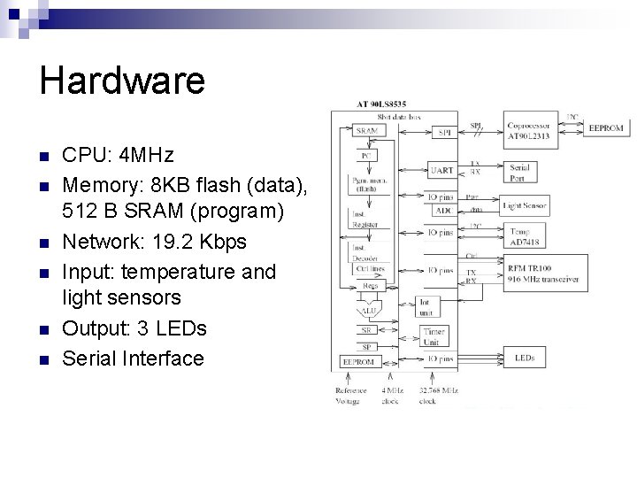 Hardware n n n CPU: 4 MHz Memory: 8 KB flash (data), 512 B