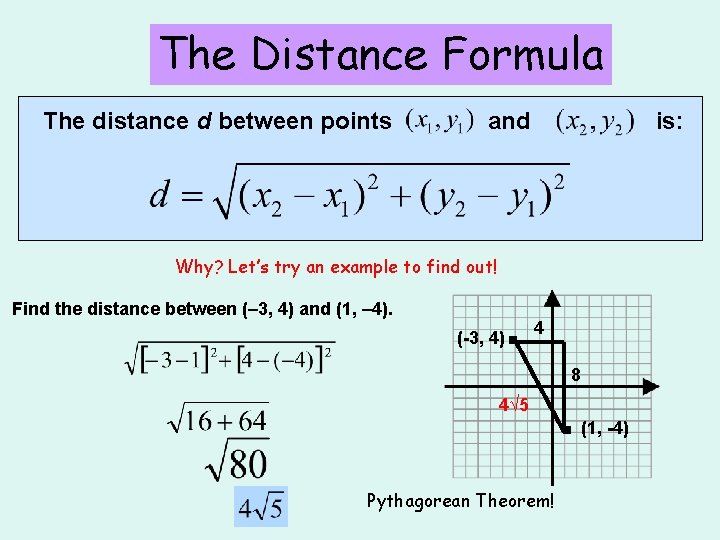 The Distance Formula The distance d between points and is: Why? Let’s try an