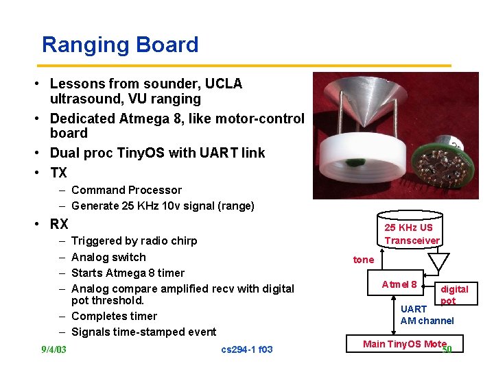 Ranging Board • Lessons from sounder, UCLA ultrasound, VU ranging • Dedicated Atmega 8,