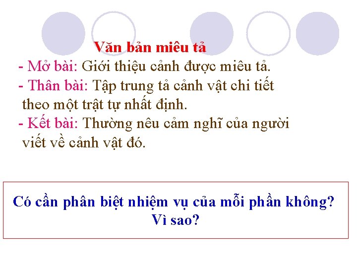 Văn bản miêu tả - Mở bài: Giới thiệu cảnh được miêu tả. -