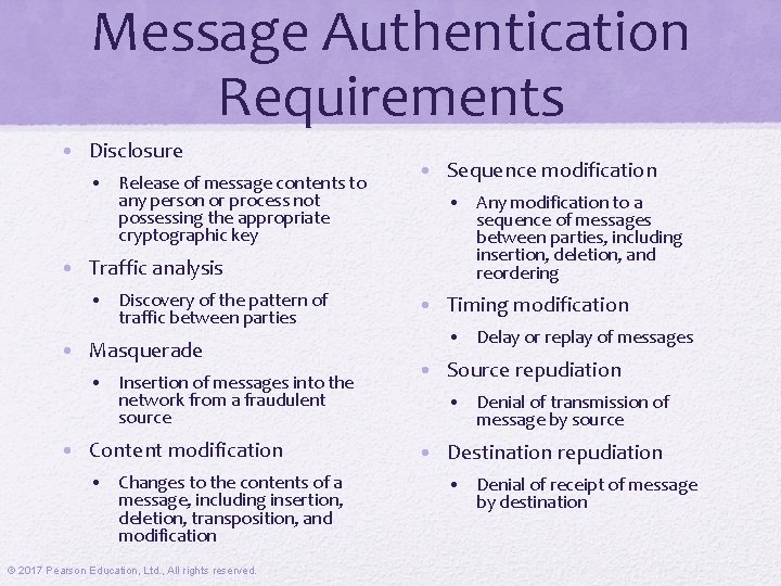 Message Authentication Requirements • Disclosure • Release of message contents to any person or