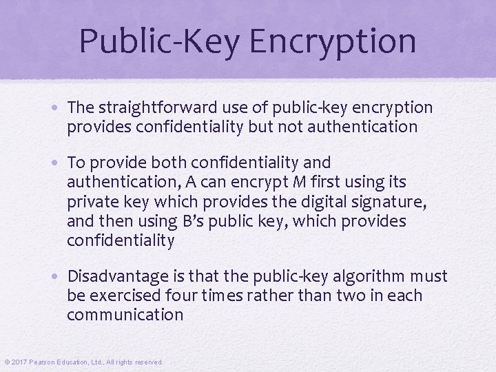 Public-Key Encryption • The straightforward use of public-key encryption provides confidentiality but not authentication