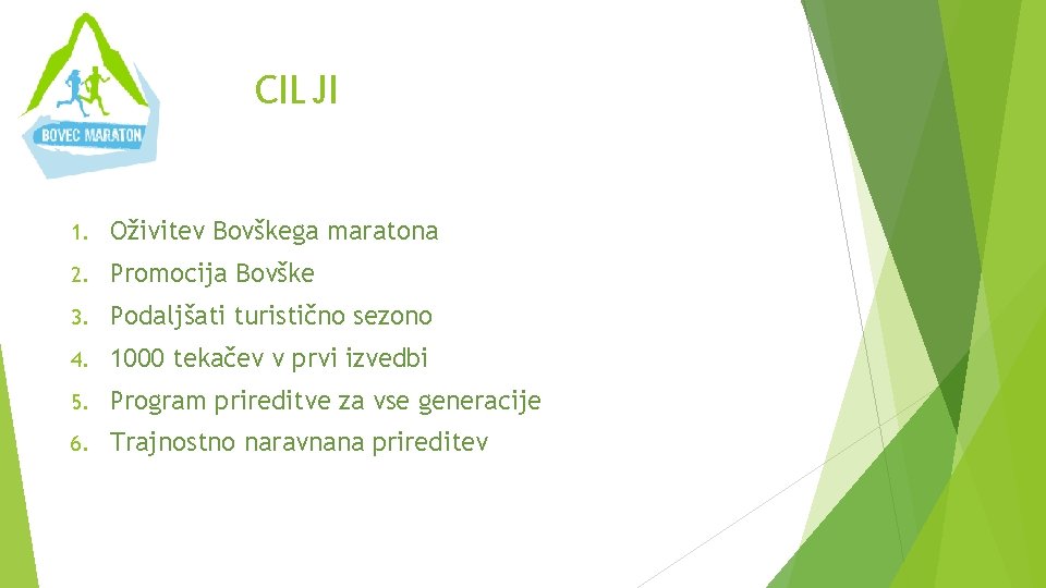 CILJI 1. Oživitev Bovškega maratona 2. Promocija Bovške 3. Podaljšati turistično sezono 4. 1000 CILJI 1. Oživitev Bovškega maratona 2. Promocija Bovške 3. Podaljšati turistično sezono 4. 1000