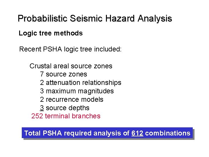 Probabilistic Seismic Hazard Analysis Logic tree methods Recent PSHA logic tree included: Crustal areal