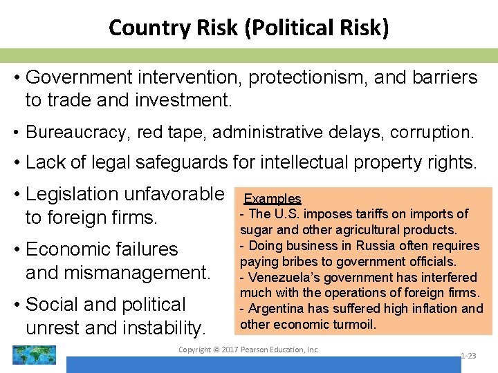 Country Risk (Political Risk) • Government intervention, protectionism, and barriers to trade and investment.