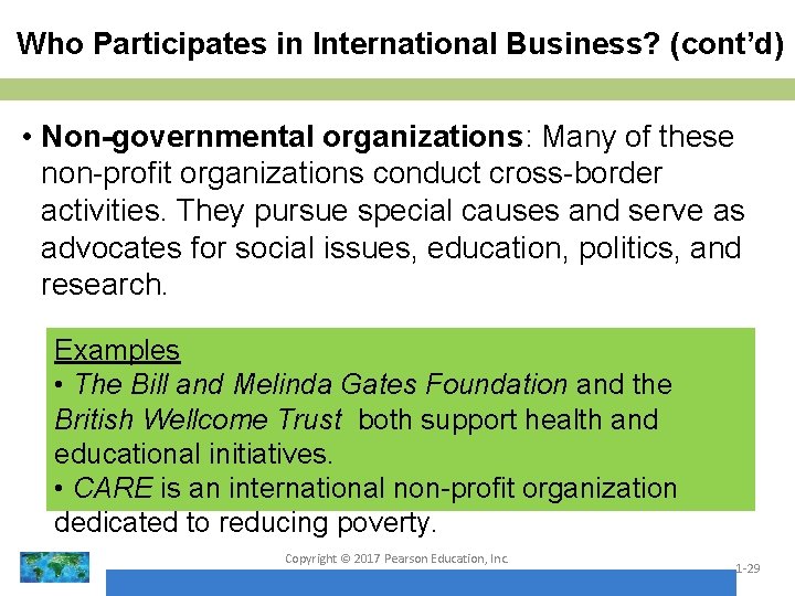 Who Participates in International Business? (cont’d) • Non-governmental organizations: Many of these non-profit organizations