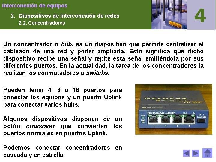 Interconexión de equipos 2. Dispositivos de interconexión de redes 2. 2. Concentradores Un concentrador