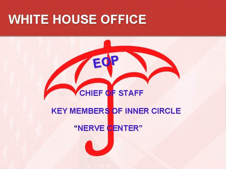 WHITE HOUSE OFFICE EOP CHIEF OF STAFF KEY MEMBERS OF INNER CIRCLE “NERVE CENTER” WHITE HOUSE OFFICE EOP CHIEF OF STAFF KEY MEMBERS OF INNER CIRCLE “NERVE CENTER”