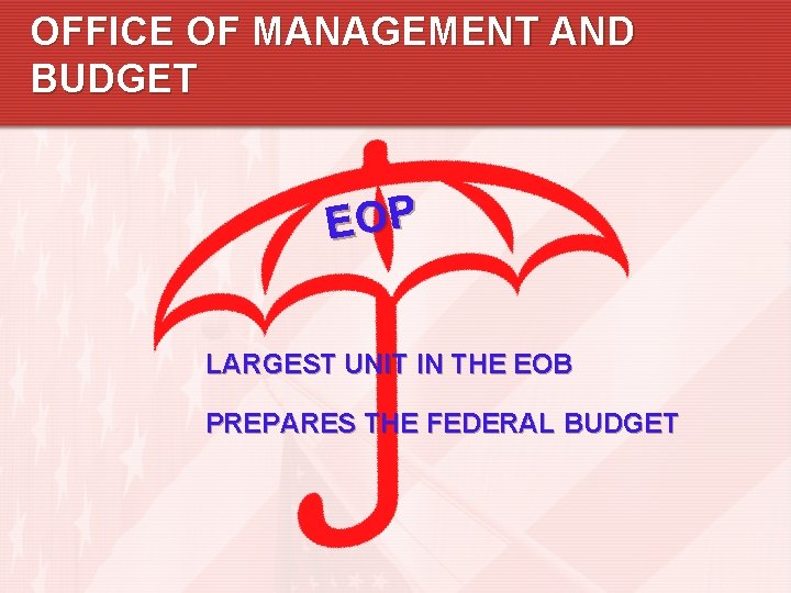 OFFICE OF MANAGEMENT AND BUDGET EOP LARGEST UNIT IN THE EOB PREPARES THE FEDERAL