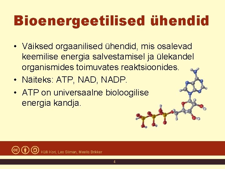 Bioenergeetilised ühendid • Väiksed orgaanilised ühendid, mis osalevad keemilise energia salvestamisel ja ülekandel organismides Bioenergeetilised ühendid • Väiksed orgaanilised ühendid, mis osalevad keemilise energia salvestamisel ja ülekandel organismides