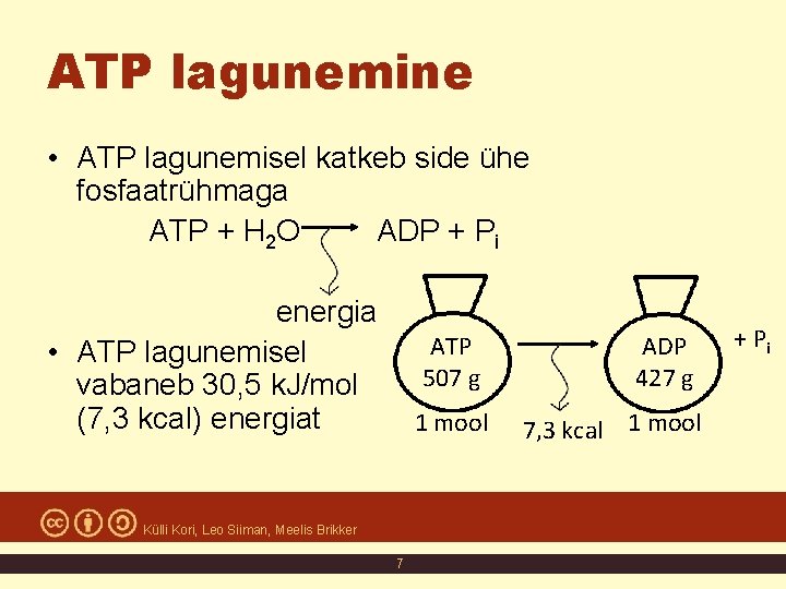 ATP lagunemine • ATP lagunemisel katkeb side ühe fosfaatrühmaga ATP + H 2 O ATP lagunemine • ATP lagunemisel katkeb side ühe fosfaatrühmaga ATP + H 2 O