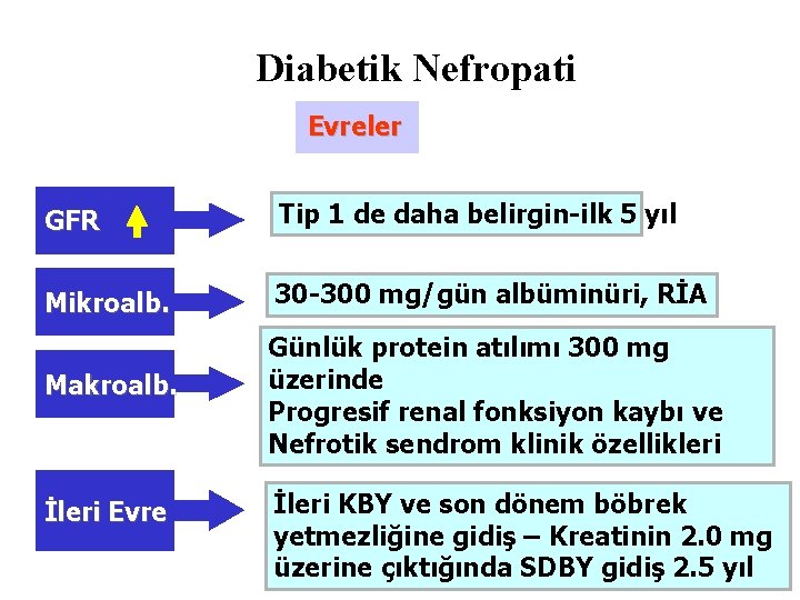 Diabetik Nefropati Evreler GFR Tip 1 de daha belirgin-ilk 5 yıl Mikroalb. 30 -300