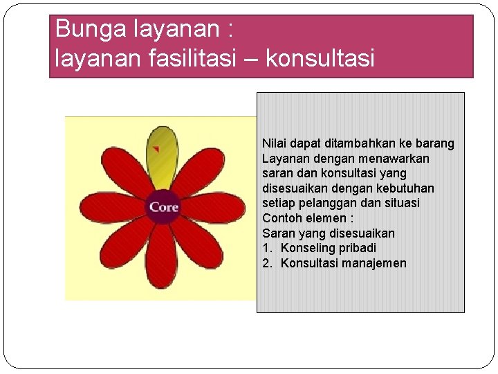 Bunga layanan : layanan fasilitasi – konsultasi Nilai dapat ditambahkan ke barang Layanan dengan Bunga layanan : layanan fasilitasi – konsultasi Nilai dapat ditambahkan ke barang Layanan dengan