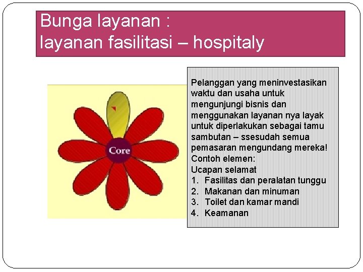 Bunga layanan : layanan fasilitasi – hospitaly Pelanggan yang meninvestasikan waktu dan usaha untuk Bunga layanan : layanan fasilitasi – hospitaly Pelanggan yang meninvestasikan waktu dan usaha untuk