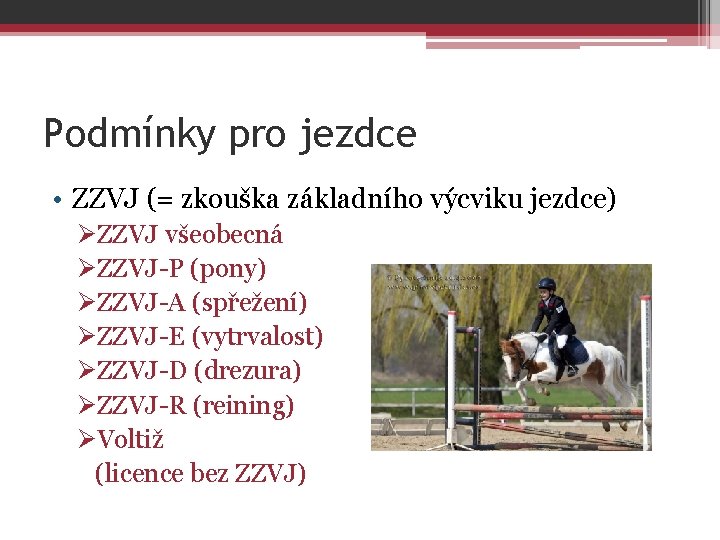 Podmínky pro jezdce • ZZVJ (= zkouška základního výcviku jezdce) ØZZVJ všeobecná ØZZVJ-P (pony)