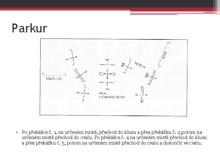 Parkur • Po překážce č. 1, na určeném místě, přechod do klusu a přes