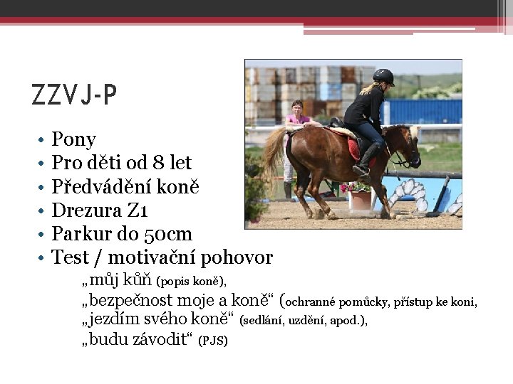 ZZVJ-P • • • Pony Pro děti od 8 let Předvádění koně Drezura Z