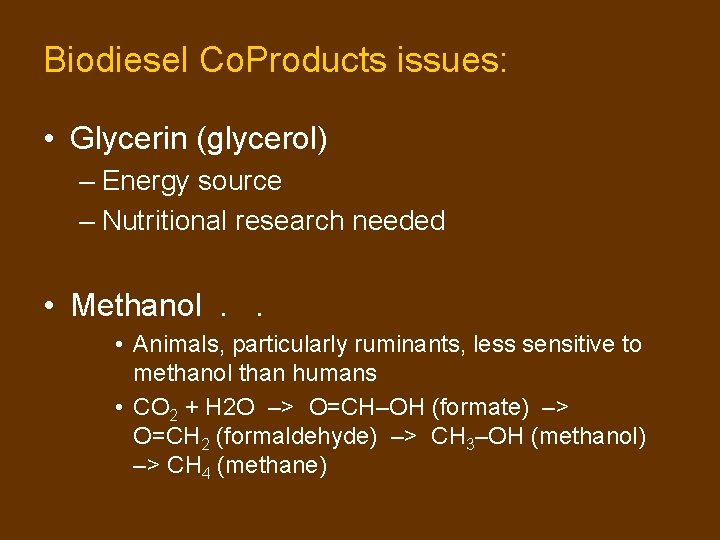 Biodiesel Co. Products issues: • Glycerin (glycerol) – Energy source – Nutritional research needed Biodiesel Co. Products issues: • Glycerin (glycerol) – Energy source – Nutritional research needed