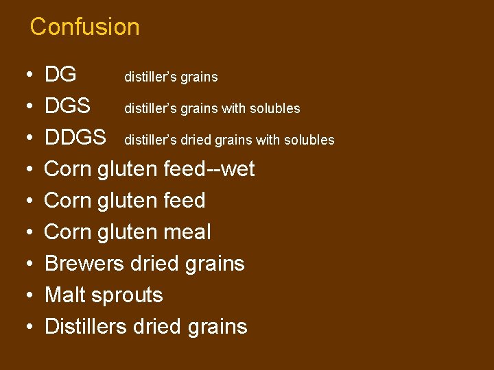 Confusion • • • DG distiller’s grains DGS distiller’s grains with solubles DDGS distiller’s Confusion • • • DG distiller’s grains DGS distiller’s grains with solubles DDGS distiller’s
