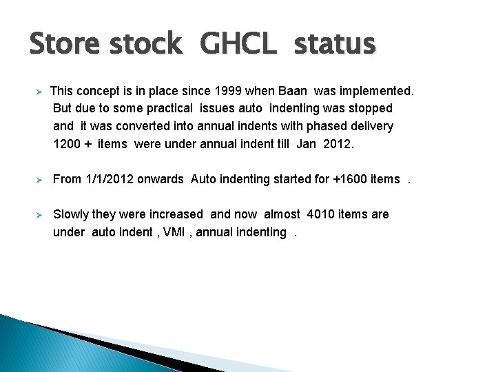 Store stock GHCL status Ø This concept is in place since 1999 when Baan