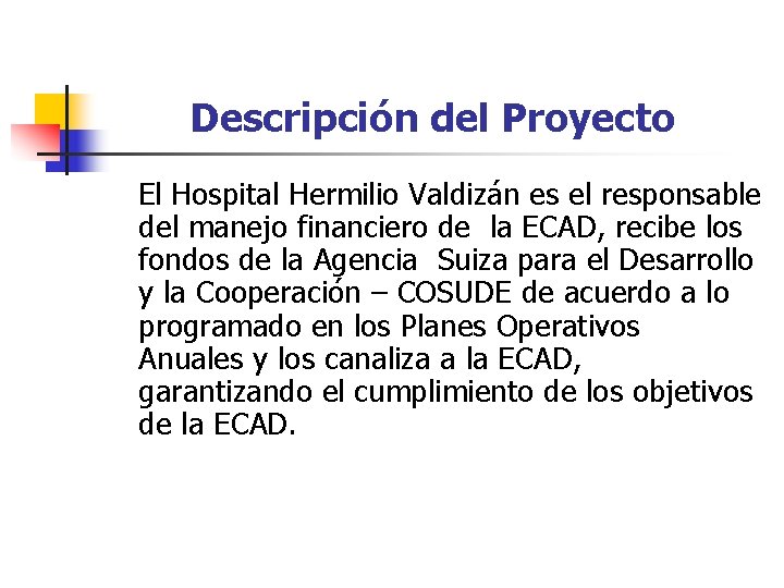 Descripción del Proyecto El Hospital Hermilio Valdizán es el responsable del manejo financiero de