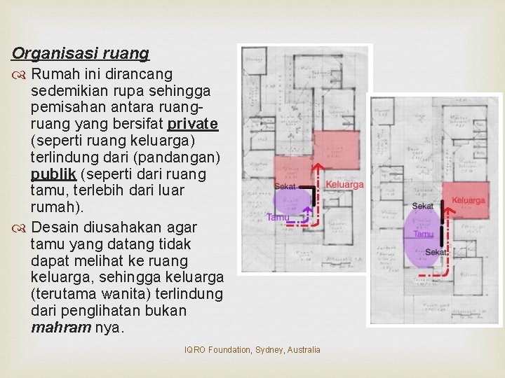 Organisasi ruang Rumah ini dirancang sedemikian rupa sehingga pemisahan antara ruang yang bersifat private