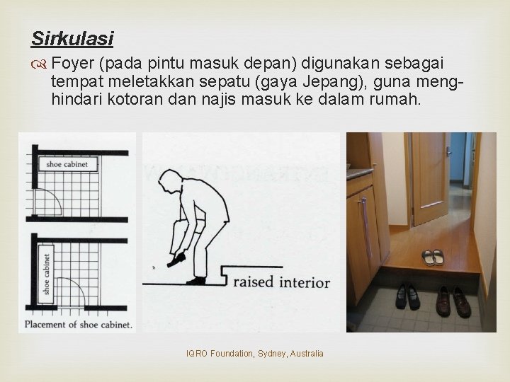 Sirkulasi Foyer (pada pintu masuk depan) digunakan sebagai tempat meletakkan sepatu (gaya Jepang), guna