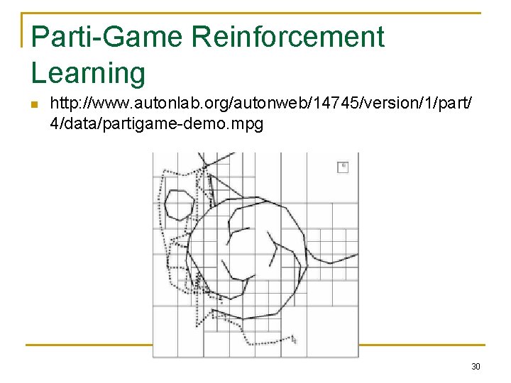 Parti-Game Reinforcement Learning n http: //www. autonlab. org/autonweb/14745/version/1/part/ 4/data/partigame-demo. mpg 30 Parti-Game Reinforcement Learning n http: //www. autonlab. org/autonweb/14745/version/1/part/ 4/data/partigame-demo. mpg 30