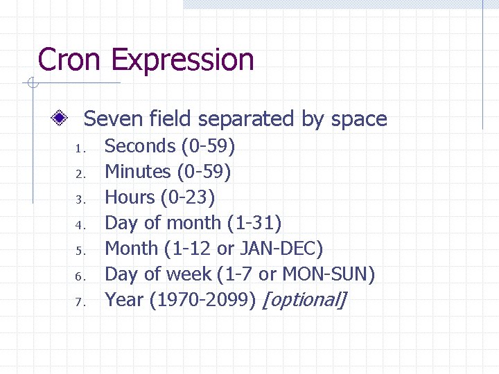 Cron Expression Seven field separated by space 1. 2. 3. 4. 5. 6. 7.