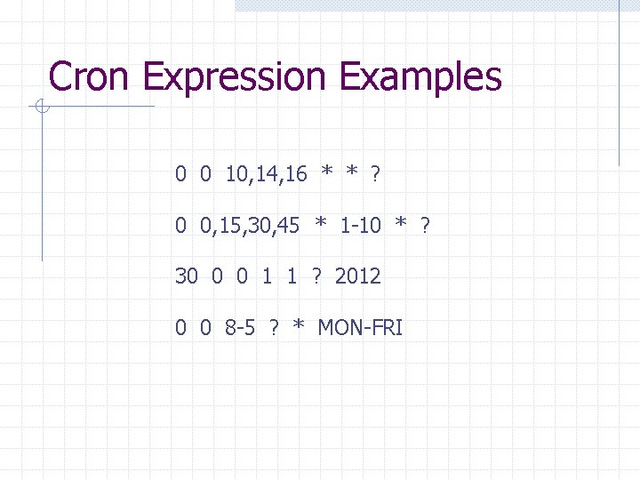 Cron Expression Examples 0 0 10, 14, 16 * * ? 0 0, 15,