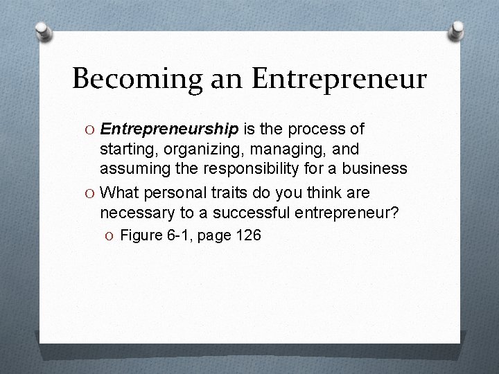 Becoming an Entrepreneur O Entrepreneurship is the process of starting, organizing, managing, and assuming