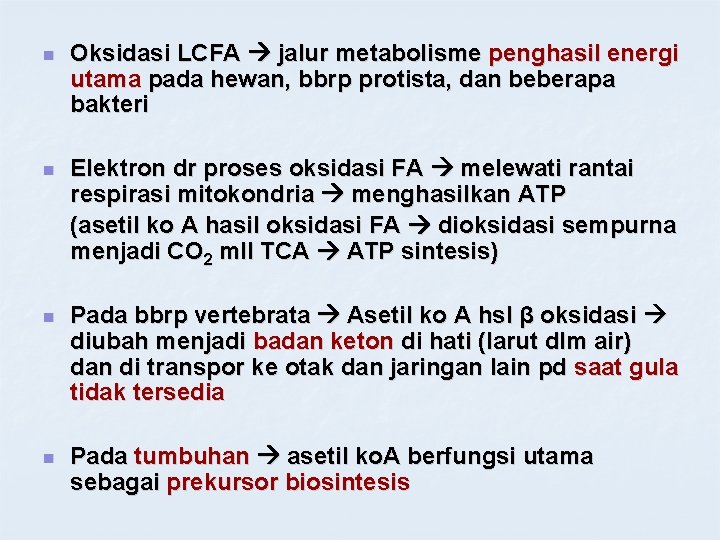 n Oksidasi LCFA jalur metabolisme penghasil energi utama pada hewan, bbrp protista, dan beberapa