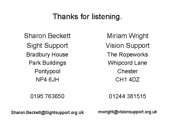 Thanks for listening. Sharon Beckett Sight Support Miriam Wright Vision Support Bradbury House Park Thanks for listening. Sharon Beckett Sight Support Miriam Wright Vision Support Bradbury House Park