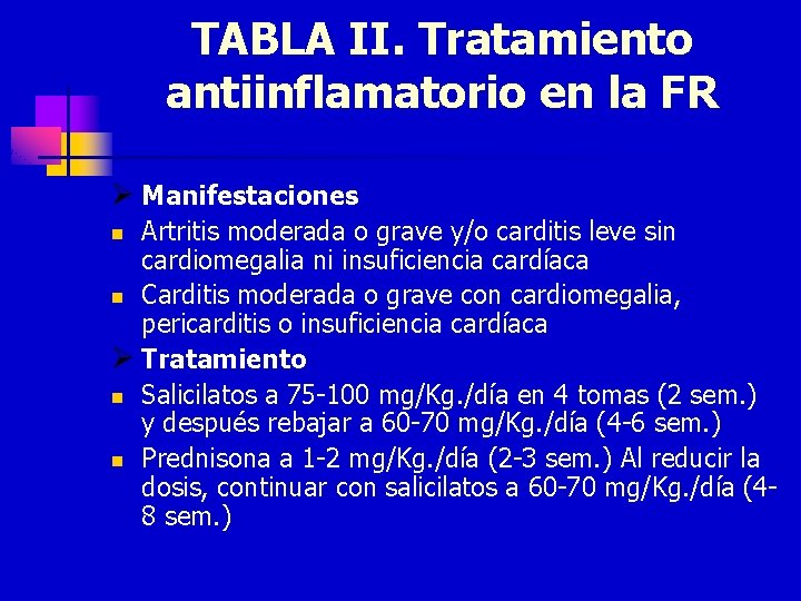 TABLA II. Tratamiento antiinflamatorio en la FR Ø Manifestaciones Artritis moderada o grave y/o