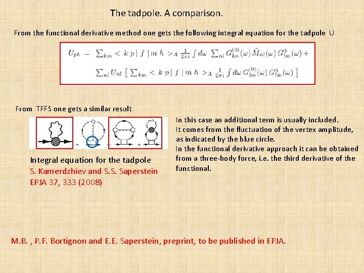 The tadpole. A comparison. From the functional derivative method one gets the following integral