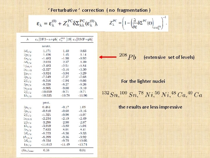 ‘ Perturbative ‘ correction ( no fragmentation ) (extensive set of levels) For the