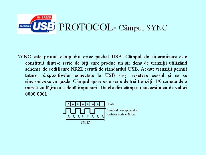 PROTOCOL- Câmpul SYNC este primul câmp din orice pachet USB. Câmpul de sincronizare este PROTOCOL- Câmpul SYNC este primul câmp din orice pachet USB. Câmpul de sincronizare este