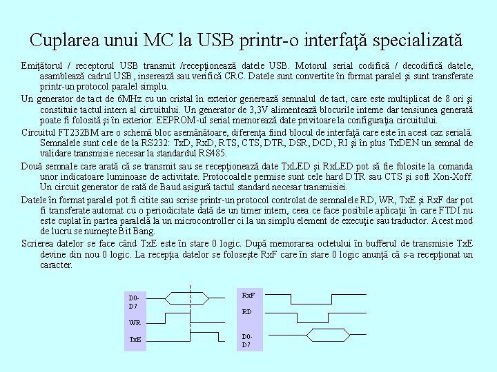 Cuplarea unui MC la USB printr-o interfaţă specializată Emiţătorul / receptorul USB transmit /recepţionează Cuplarea unui MC la USB printr-o interfaţă specializată Emiţătorul / receptorul USB transmit /recepţionează