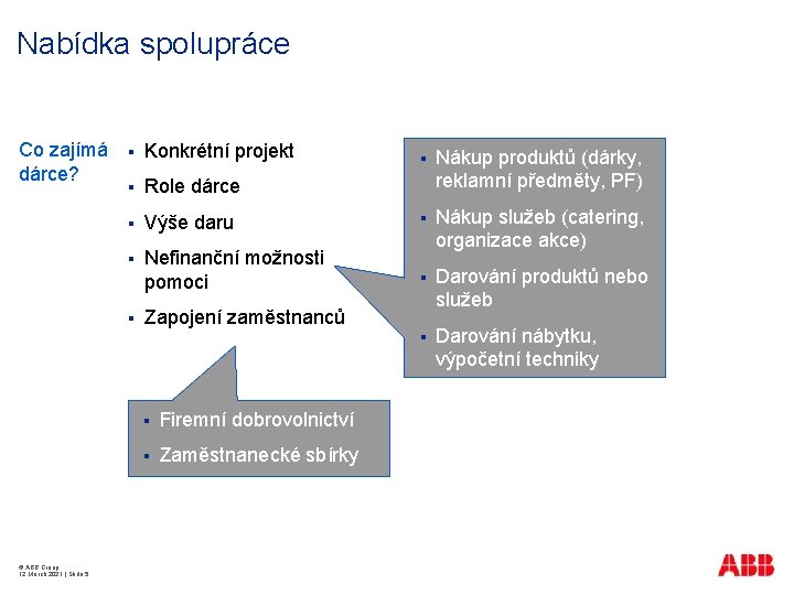 Nabídka spolupráce Co zajímá dárce? § Konkrétní projekt § Role dárce § § §