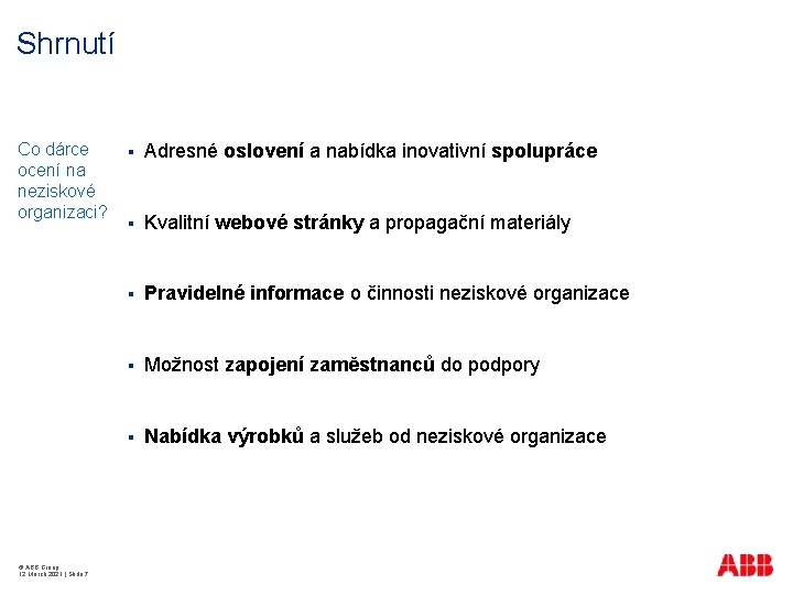 Shrnutí Co dárce ocení na neziskové organizaci? © ABB Group 12 March 2021 |