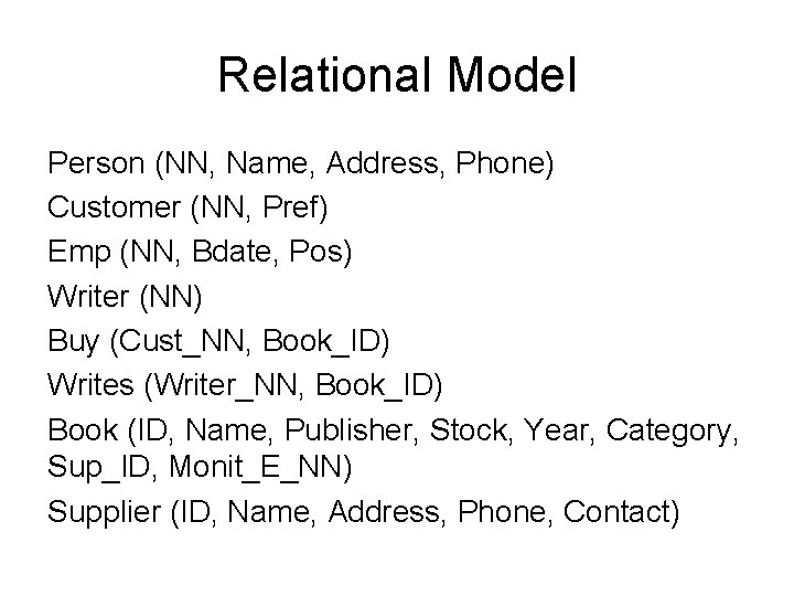 Relational Model Person (NN, Name, Address, Phone) Customer (NN, Pref) Emp (NN, Bdate, Pos)