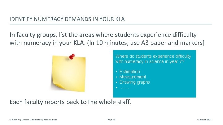 IDENTIFY NUMERACY DEMANDS IN YOUR KLA In faculty groups, list the areas where students